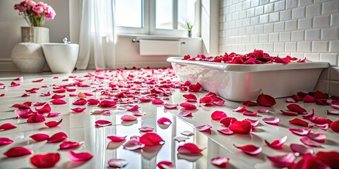 Rose petals scattered on a white bathroom floor creating a romantic and luxurious atmosphere, romantic, bathroom, rose petals