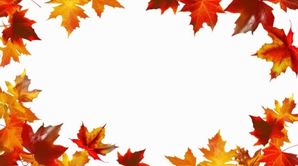 Fototapeta premium Red and orange turning, fall autumn leaves frame, with copy space. Wide 16:9