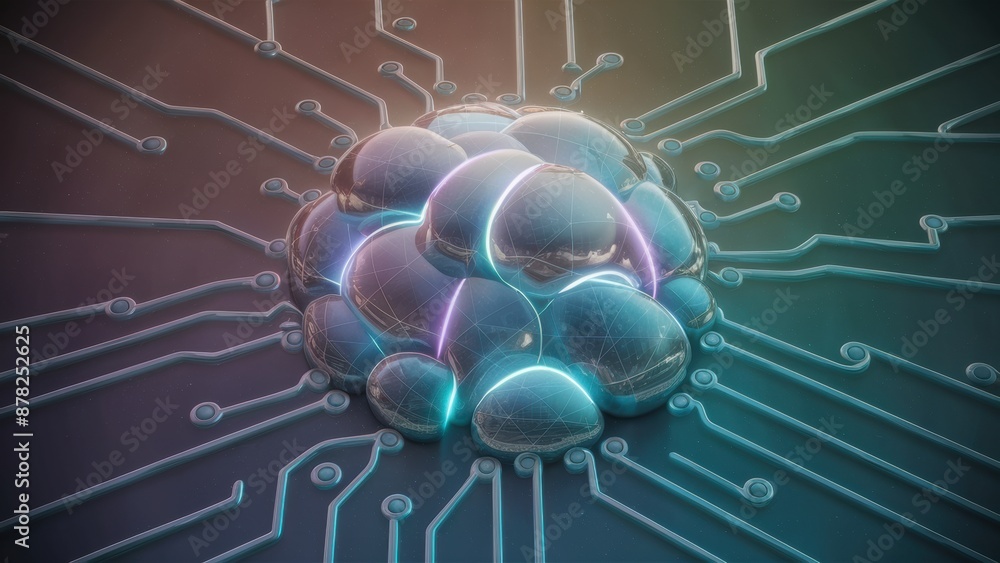 Poster a computer circuit board with a glowing sphere on it, ai
