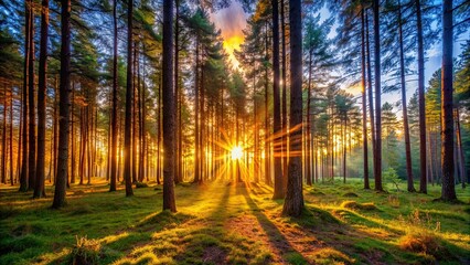 Obraz premium Vibrant sunset casting warm light through trees in a peaceful forest, sunset, forest, trees, vibrant, warm, light, peaceful