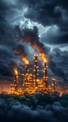 Obraz premium Industrial refinery with smokestacks under dark stormy clouds