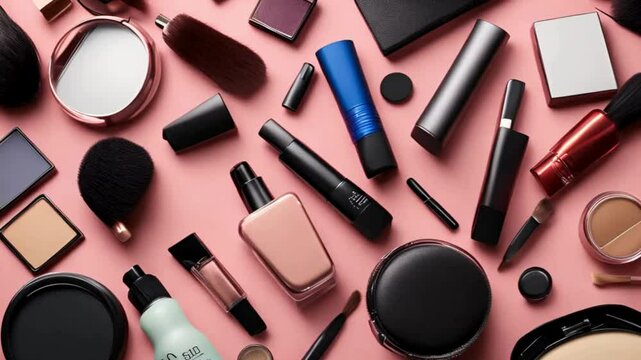 Colorful Makeup Products Displayed on a Gray Background