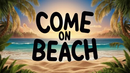 Obraz premium A picture of a beach scene with the words come on beach, AI