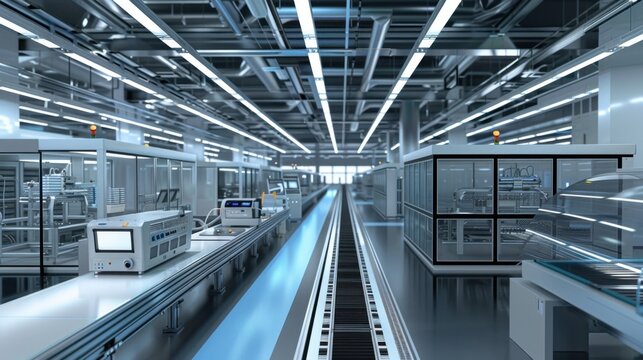 Advanced manufacturing facility with robotic assembly lines and automated processes. Use a palette of industrial grays, robotic.