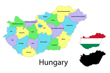 Fototapeta premium Hungary administrative divisions. Hungary flag and map illustration vector. Districts of Hungary