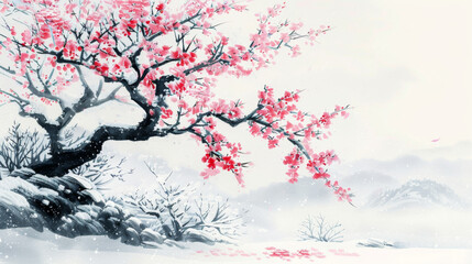 Hope of spring shows through the snowy landscape with beautiful pink blossoms on the tree. 