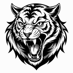 Angry Roaring Tiger Face - Black and White Vector Illustration