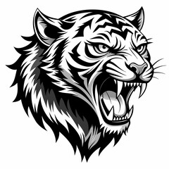 Angry Roaring Tiger Face - Black and White Vector Illustration