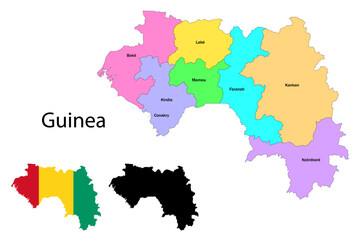 Guinea administrative divisions. Guinea flag and map illustration vector. Districts of Guinea