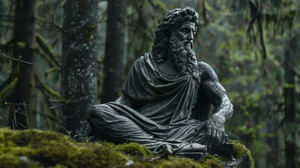 Sitting Statue of Zeus in a Forest of Black Granite