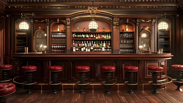 The bar at the olde english pub, A dark bar with a bar in the middle and a row of stools on the right, Bar With Chairs And Shelves Background