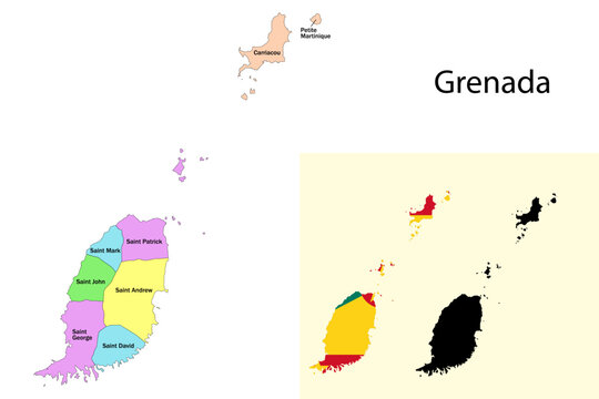 Grenada administrative divisions. Grenada flag and map illustration vector. Districts of Grenada