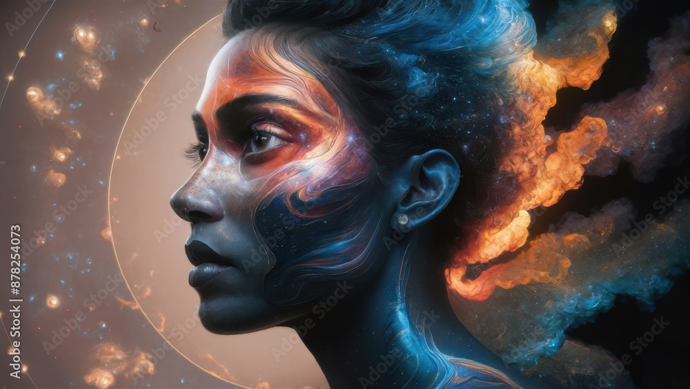 Canvas Prints a woman with a face painted in blue and orange, ai