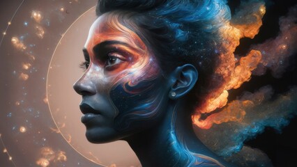 A woman with a face painted in blue and orange, AI