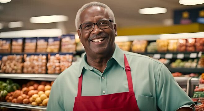 Black Senior man cashier in a supermarket.