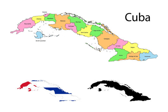 Cuba administrative divisions. Cuba flag and map illustration vector. Districts of Cuba