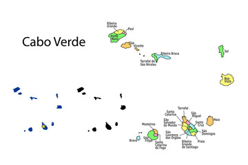 Cabo Verde administrative divisions. Cabo Verde flag and map illustration vector. Districts of Cabo Verde