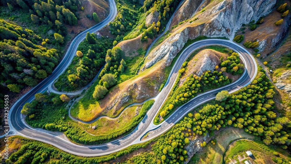 Wall mural Aerial view of a winding road through mountainous terrain, Twisty, Road, Mountains, Curves, Scenic, Aerial