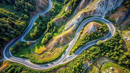 Obraz premium Aerial view of a winding road through mountainous terrain, Twisty, Road, Mountains, Curves, Scenic, Aerial