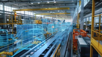 An industrial factory with a conveyor belt system and robotic arms, showcasing modern manufacturing processes.