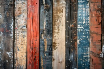 Weathered, multicolored wood planks with rich textures and peeling paint. Soft sidelighting. Rustic barn interior background. 