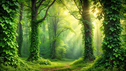Lush green forest with vines and leaves, green, forest, vines, leaves, nature, foliage, growth, lush, trees, plant
