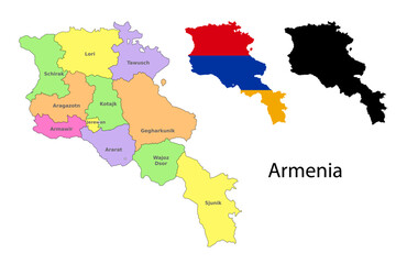 Armenia administrative divisions. Armenia flag and map illustration vector. Districts of Armenia