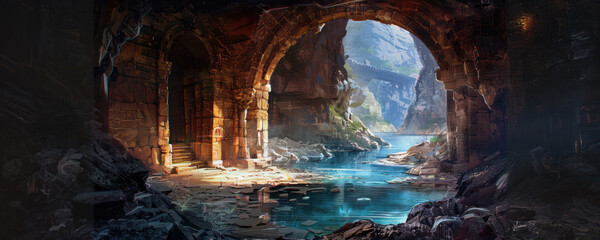 Ancient stone archway leading to serene mountain lake