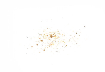 Shelled and ground Ground, milled, crushed almond nuts isolated on white. Edible, dried, brown seeds of Prunus dulcis. Ingredient in marzipan, nougat, cookies.