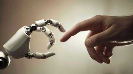 Connection between  human and robot, or human to AI. Hands meet in understanding and workings together