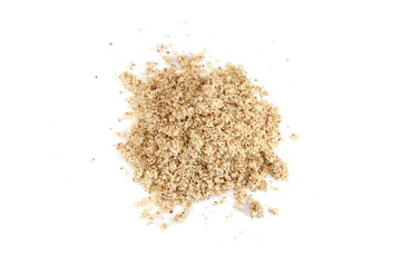 Shelled and ground Ground, milled, crushed almond nuts isolated on white. Edible, dried, brown...