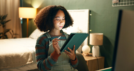 Woman, digital tablet and pen for drawing, creativity and art on app with connection on website. Girl, bedroom and online design for hobby, project or internet portfolio with freelance artist at home