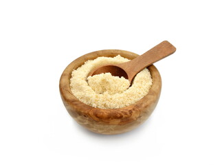 Wooden bowl full of almond flour isolated on white background.