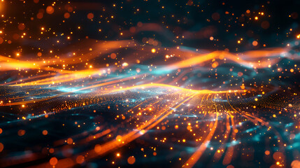 Fototapeta premium 3d rendering of glowing particles in empty space, Beautiful glowing particles with depth of field and bokeh, Futuristic background for your design, Abstract background with glowing particles