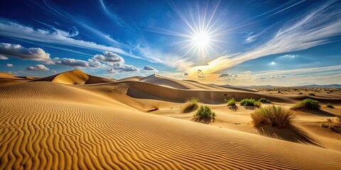 Naklejka premium Sandy dune bathed in sunlight on a clear day, desert, sand, hot, sun, nature, arid, landscape, golden, shadow, tranquility