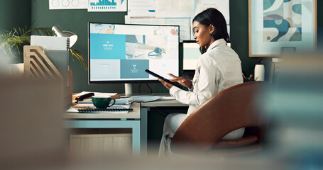 Fototapeta premium Woman, tablet and computer in office at house for finance portfolio, reading report and accounting growth of company. Female person, digital and information of investment, project and budget plan