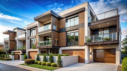 Modern townhouse featuring sleek balconies with a contemporary design, townhouse, modern, balconies, architecture