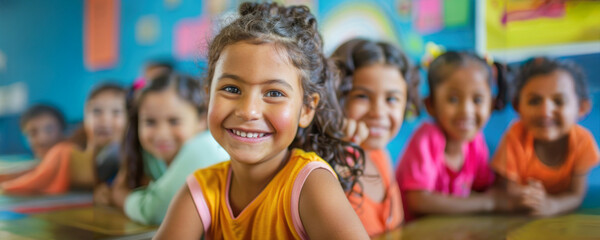 Fototapeta premium Smiling girl in a yellow shirt with friends in a classroom
