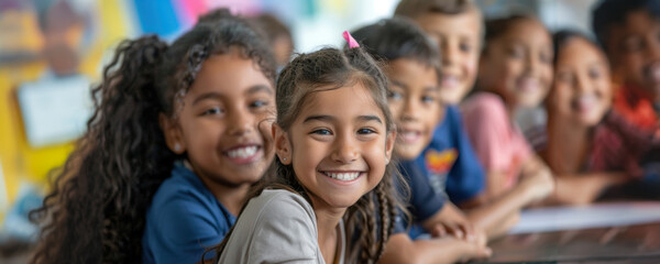 Fototapeta premium Group of smiling elementary school students in classroom