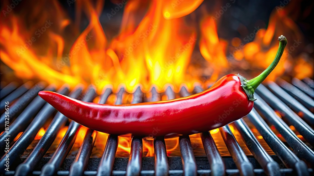 Poster Red chili pepper sizzling on a barbecue grill, spicy, hot, BBQ, grilling, cooking, red chili, food