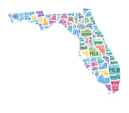 Florida county word cloud. State shape design. Florida colored illustration. County names collage cloud. Vector illustration.