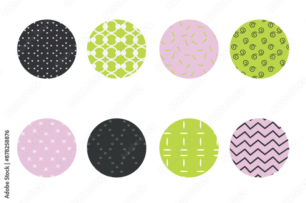Poster set of circles with patterns in flat cartoon design. this beautiful collection features various patt