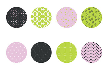 Set of circles with patterns in flat cartoon design. This beautiful collection features various patterns on round colorful backgrounds, designed in a modern and trendy style. Vector illustration.