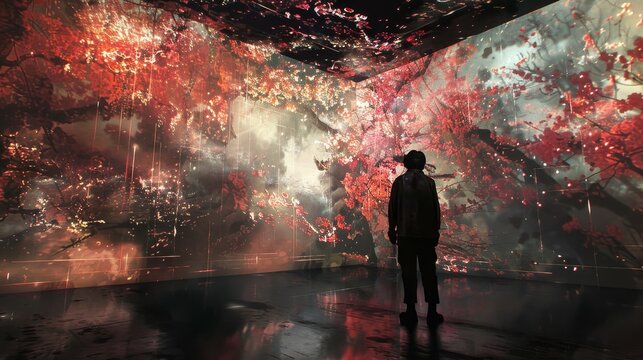 With synchronized projections and digital effects, the installation creates an immersive video art experience.