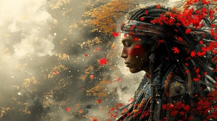 Fototapeta premium Native American Woman Surrounded by Falling Leaves