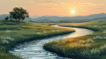 Serene Sunset Over a Winding River