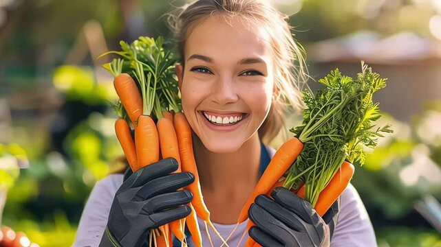 Gardener with bunch of carrots in hand in garden