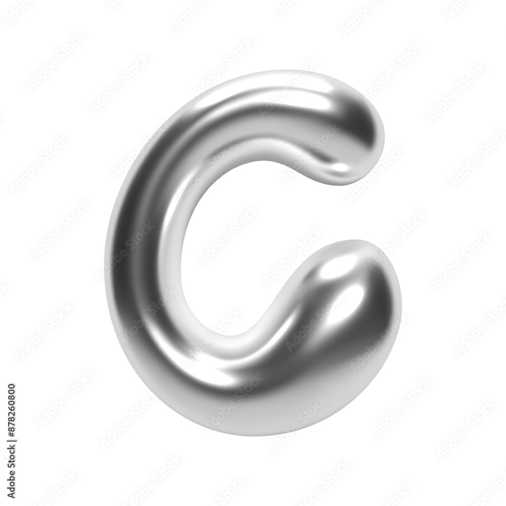 Poster 3d chrome bubble letter c in y2k futuristic style. inflated liquid metal form with shiny silver glos
