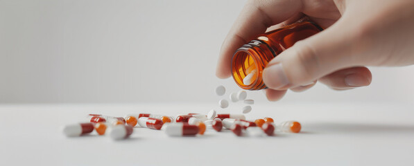 Hand pouring white pills from amber bottle onto white surface