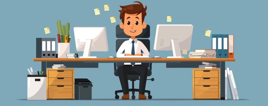 A man is sitting at a desk with a computer and a potted plant. He is smiling and he is enjoying his work